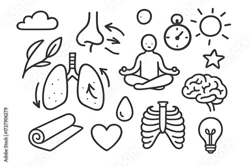Healthy Breathing Icons. Hand-drawn doodle illustration Healthy breathing lungs, nose, arrows of airflow, yoga mat, meditation figure, stopwatch, heart, brain,