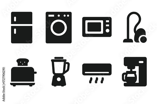 Household Appliance Icons. Solid, filled icon set of household appliances: refrigerator, washing machine, microwave, vacuum cleaner, toaster, blender, air