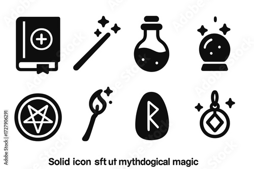 Mythical Magic Icons. Solid, filled icon set of mythological magic: spellbook, magic wand, potion bottle, crystal orb, magic circle, enchanted staff, rune