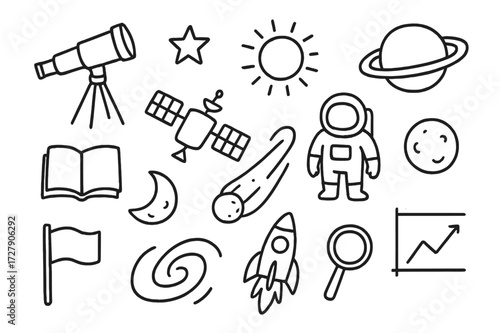 Astronomy Doodle Icons. Hand-drawn doodle illustration astronomy study telescope, star, sun, planet, orbit line, satellite, astronaut, book, comet, moon,