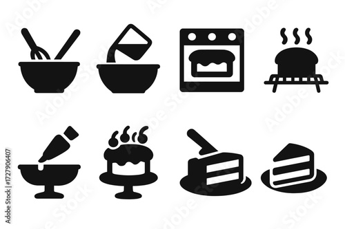Cake Baking Icons. Solid, filled icon set of cake baking steps: mixing, pouring batter, baking, cooling, frosting, decorating, slicing, serving. Solid, filled