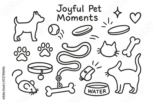 Joyful Pet Illustrations. Hand-drawn doodle illustration Joyful Pet Moments [dog silhouette, cat silhouette, bouncing ball, frisbee, paw prints,