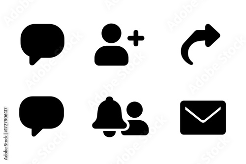 Social Icons Grid. Solid, filled icon set of social network: chat bubble, friend request, like/thumbs up, share, comment, notification bell, user group,
