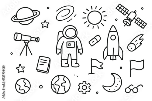 Space Research Doodles. Hand-drawn doodle illustration space research astronaut, rocket, telescope, satellite, planet, star, sun, orbit lines, notebook, flag,