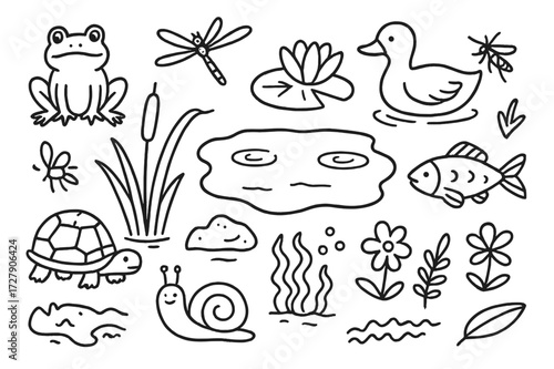 Pond Ecosystem Doodle. Hand-drawn doodle illustration [Pond ecosystem life] [frog, duck, fish, lily pad, turtle, reeds, snail, dragonfly, water ripple, rock,