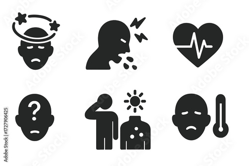 Sunburn Symptoms Icons. Solid, filled icon set of sunburn emergency signs: dizziness, nausea, headache, rapid heartbeat, confusion, dehydration, blistering,