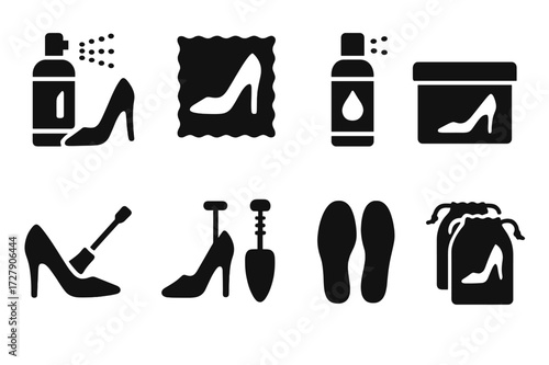 Heel Shoe Care Icons. Solid, filled icon set of heel shoe care: cleaning spray, polishing cloth, waterproofing spray, storage box, heel repair, shoe