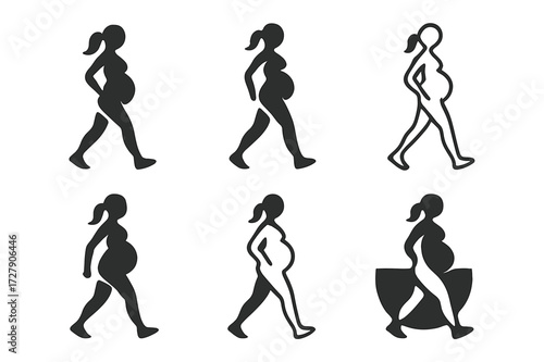 Pregnancy Fitness Logos. Pregnancy workout. Set Logo of pregnancy workout: Mother walking with baby bump. harmonious logo variations of the same emblematic