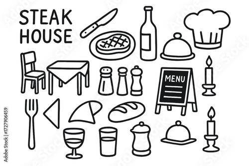 Steakhouse Essentials Doodle. Hand-drawn doodle illustration steakhouse restaurant steak knife, steak plate, wine bottle, chef hat, server tray, chair, table,