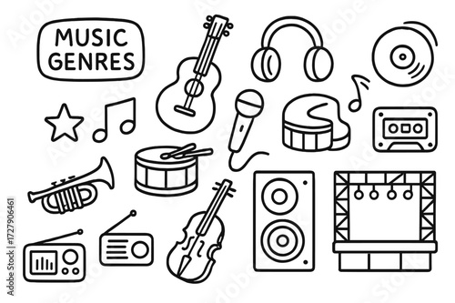 Music Icons Doodle. Hand-drawn doodle illustration music genres guitar, microphone, headphones, music note, drum, piano, vinyl record, trumpet, star, cassette