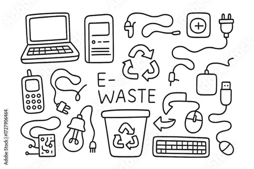 E-Waste Doodle Icons. Hand-drawn doodle illustration e-waste recycling old phone, laptop, computer, keyboard, mouse, charger, wires, circuit board, battery,