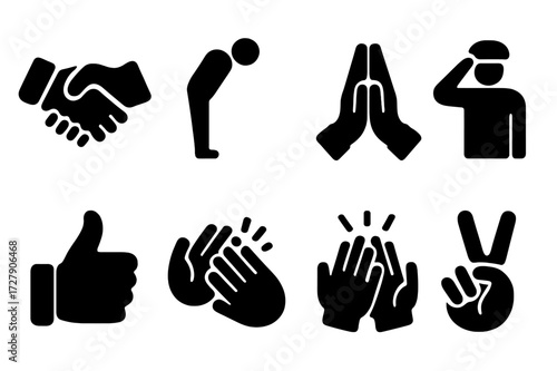 Respect Gesture Icons. Solid, filled icon set of gestures of respect: handshake, bowing figure, folded hands, salute, thumbs up, applause, high five, peace