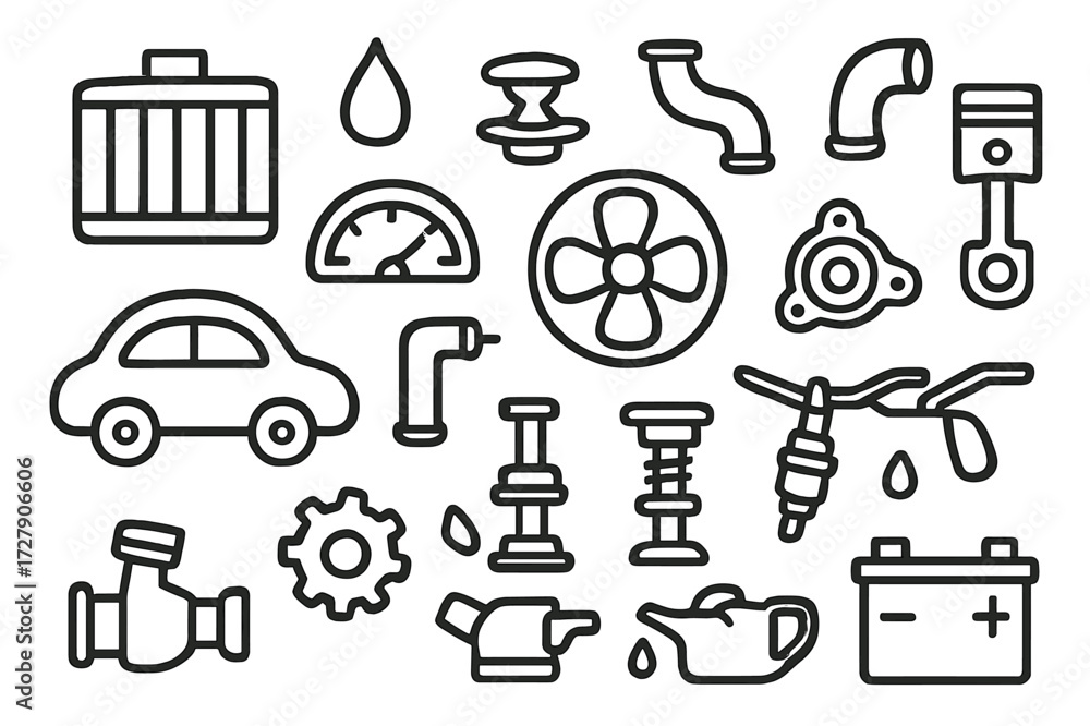 Fototapeta premium Car Engine Doodle Icons. Hand-drawn doodle illustration engine cooling system radiator, fan, water droplet, hose, thermostat, pump, car outline, gauge, pipe,