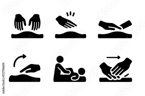 Massage Technique Icons. Solid, filled icon set of massage techniques: kneading, tapping, gliding, rubbing, stretching, pressing, vibration, friction. Solid,