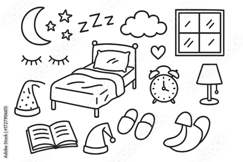 Cozy Sleep Icons. Hand-drawn doodle illustration Sleep bed, pillow, blanket, moon, stars, closed eyes, alarm clock, book, nightcap, slippers, lamp, cloud,
