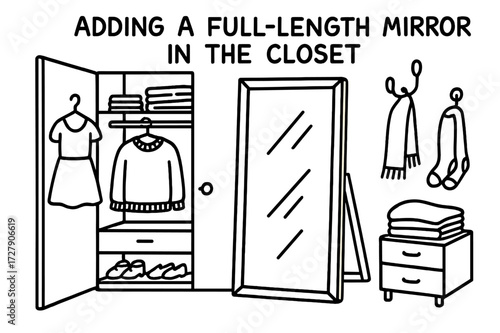 Full-Length Mirror Closet. Hand-drawn doodle illustration [Adding a full-length mirror in the closet] [full-length mirror, closet door, hanger, shoe rack,