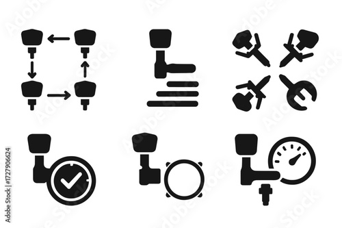 Tuning Techniques Icons. Solid, filled icon set of tuning key techniques: tuning sequence, even tension, incremental tightening, cross-pattern tuning, torque