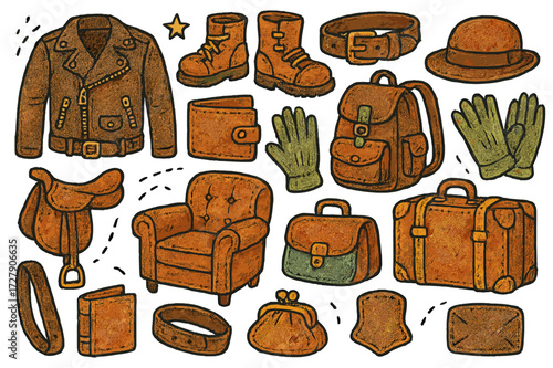 Colorful Leather Doodles. Worn leather. Colorful Hand-drawn doodle Children illustration Leather jacket, boots, belt, wallet, backpack, gloves, hat, armchair,