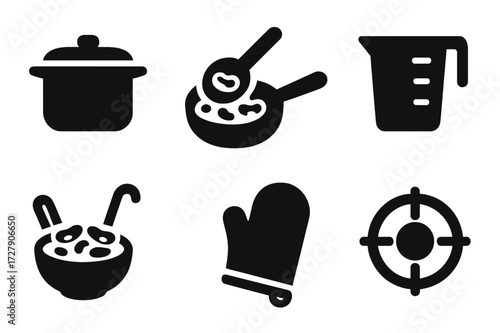 Pinto Bean Cooking Tools. Solid, filled icon set of pinto bean cooking tools: cooking pot, spoon stirring beans, pressure cooker, measuring cup, ladle, bowl of