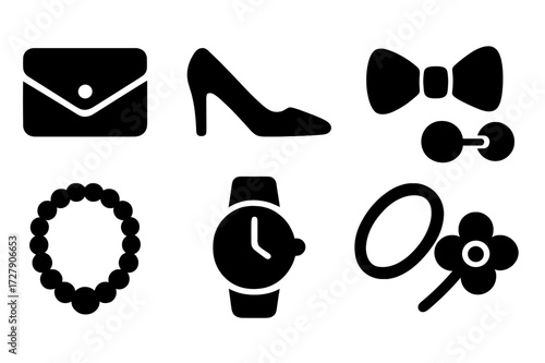 Gala Accessories Icons. Solid, filled icon set of gala accessories: clutch bag, high heels, bow tie, cufflinks, pearl necklace, wristwatch, bracelet, brooch.