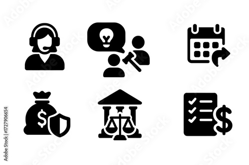 Creditor Support Icons. Solid, filled icon set of creditor support: customer service, advice, dispute resolution, payment extension, debt counseling, legal