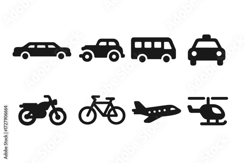 Red Carpet Transport Icons. Solid, filled icon set of red carpet transport: limousine, vintage car, shuttle bus, taxi, motorcycle, bicycle, private jet,