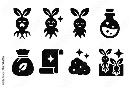 Magical Mandrake Icon Set. Solid, filled icon set of magical mandrake elements: screaming root, enchanted mandrake, baby mandrake, potion bottle, herb pouch,