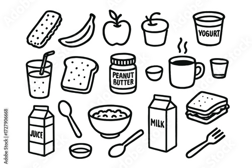 Breakfast Doodle Icons. Hand-drawn doodle illustration quick breakfast granola bar, banana, apple, yogurt cup, smoothie glass, toast, peanut butter jar, coffee
