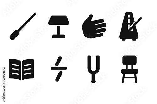 Conductor Tools Icons. Solid, filled icon set of conductor tools: baton, conductor podium, hand gesture, metronome, conductor score, tempo markings, tuning