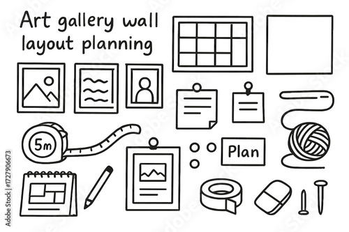 Art Gallery Doodle Layout. Hand-drawn doodle illustration [Art gallery wall layout planning] [layout grid, framed artwork, canvas, measuring tape, notes,