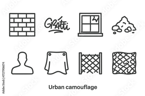 Urban Camouflage Icons. Outline icon set of urban camouflage: brick wall, graffiti, broken window, debris pile, shadow outline, tarp cover, wire fence,