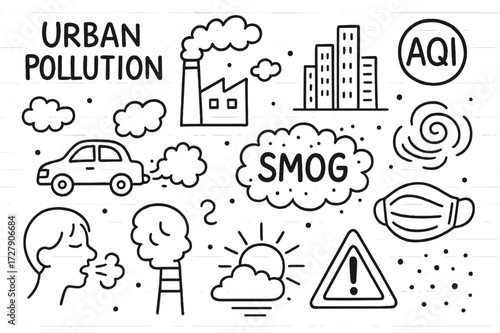 Urban Pollution Icons. Hand-drawn doodle illustration Urban Pollution smoky skyline, factory stack, smoke puffs, car exhaust, smog cloud, skyscraper outline,