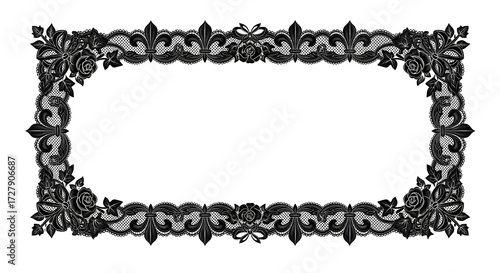 Elegant black lace border with roses and fleur-de-lis creates a vintage ornate frame for invitations