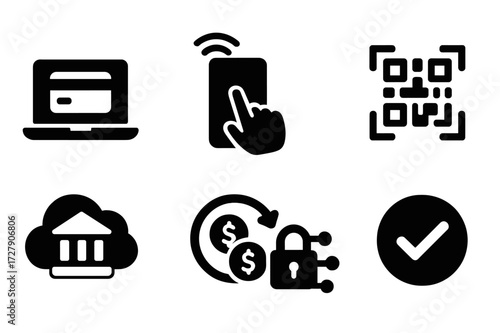 Digital Transactions Icons. Solid, filled icon set of online transactions: laptop payment, smartphone tap, digital wallet, QR code scan, cloud bank,