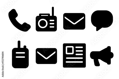 Clue Communication Icons. Solid, filled icon set of clue communication: telephone, radio, email, message bubble, walkie-talkie, letter, newspaper, megaphone.