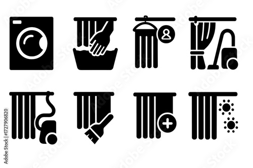 Curtain Cleaning Icons. Solid, filled icon set of curtain cleaning methods: washing machine, hand wash, dry cleaning, steam cleaning, vacuum, brushing, spot