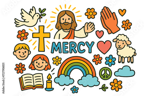 Children's Mercy Icons. Mercy. Colorful Hand-drawn doodle Children illustration Jesus, cross, praying hands, heart, dove, halo, smiling faces, light rays,