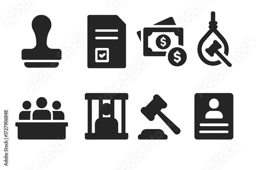Legal Punishment Icons. Solid, filled icon set of legal punishment concepts: conviction stamp, court document, fine money, suspended sentence, parole board,