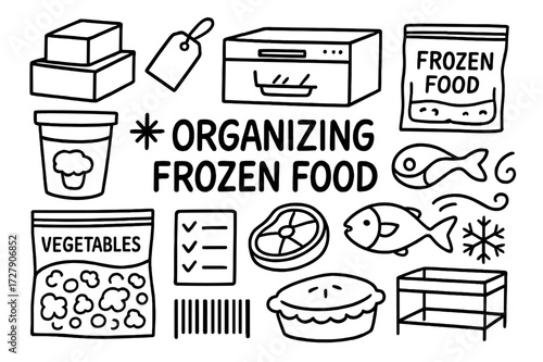 Frozen Food Organization Doodles. Hand-drawn doodle illustration Organizing frozen food [stacked boxes, freezer drawer, label tag, ziplock bag, meat cut, fish,