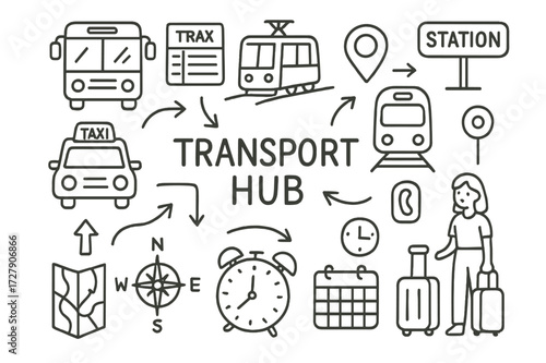 Transport Hub Doodles. Hand-drawn doodle illustration Transport hub and connections [bus, tram, train, subway, taxi, timetable, station sign, map, luggage,