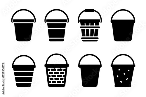 Diverse Bucket Icons. Solid, filled icon set of bucket materials: plastic bucket, metal bucket, wooden bucket, rubber bucket, silicone bucket, woven bucket,