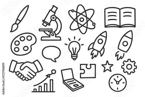 Art Meets Science Icons. Hand-drawn doodle illustration Art and science partnership paintbrush, palette, microscope, atom, rocket, book, laptop, puzzle piece,