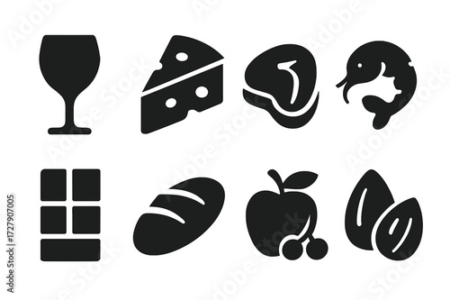 Wine and Food Icons. Solid, filled icon set of wine and food pairing: wine glass, cheese, steak, seafood, chocolate, bread, fruit, nuts. Solid, filled icons in