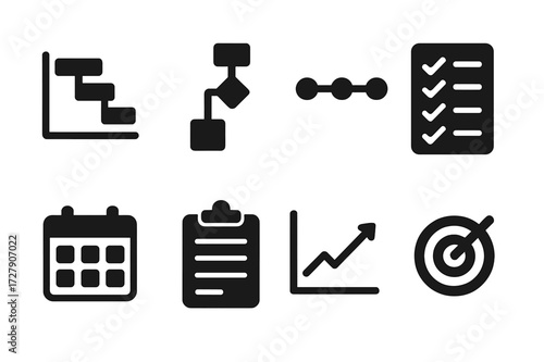 Project Plan Icons. Solid, filled icon set of project plans: gantt chart, flowchart, timeline, checklist, calendar, clipboard, graph, target. [Line icons in