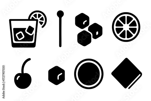 Cocktail Icon Grid. Solid, filled icon set of old fashioned cocktail presentation: garnished glass, cocktail stirrer, ice cubes, orange slice, cherry, sugar