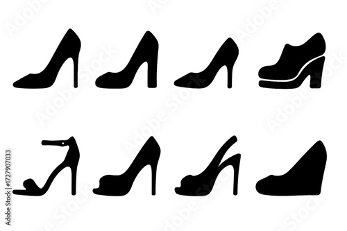 High Heel Icon Set. Solid, filled icon set of high heel shoe styles: stiletto, block heel, kitten heel, platform heel, wedge heel, ankle strap heel, peep toe
