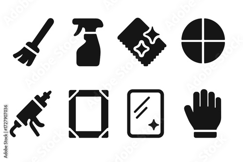 Mirror Maintenance Icons. Solid, filled icon set of mirror maintenance: cleaning brush, spray bottle, microfiber cloth, polishing pad, mirror adhesive, frame