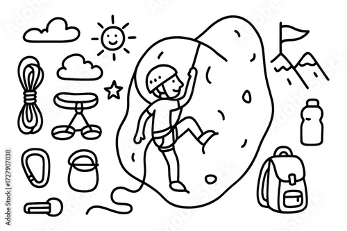 Rock Climbing Doodles. Hand-drawn doodle illustration rock climbing on boulder climber, rope, harness, helmet, shoes, boulder, mountain, flag, star, cloud,