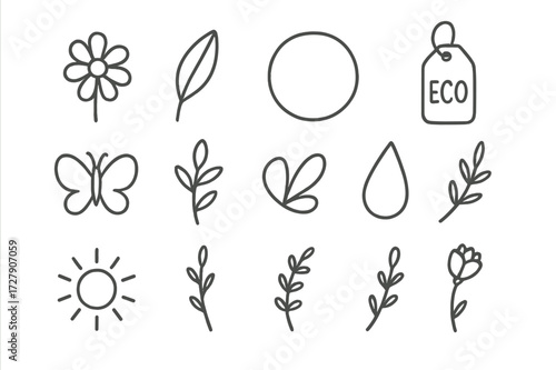 Minimalist Floral Doodles. Hand-drawn doodle illustration Minimalist floral packaging [single flower, leaf, sprout, stem, bud, circle frame, eco tag,