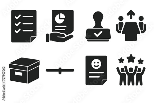 Project Closure Icons. Solid, filled icon set of project closing: checklist completed, report submission, approval stamp, meeting adjourned, archive box,